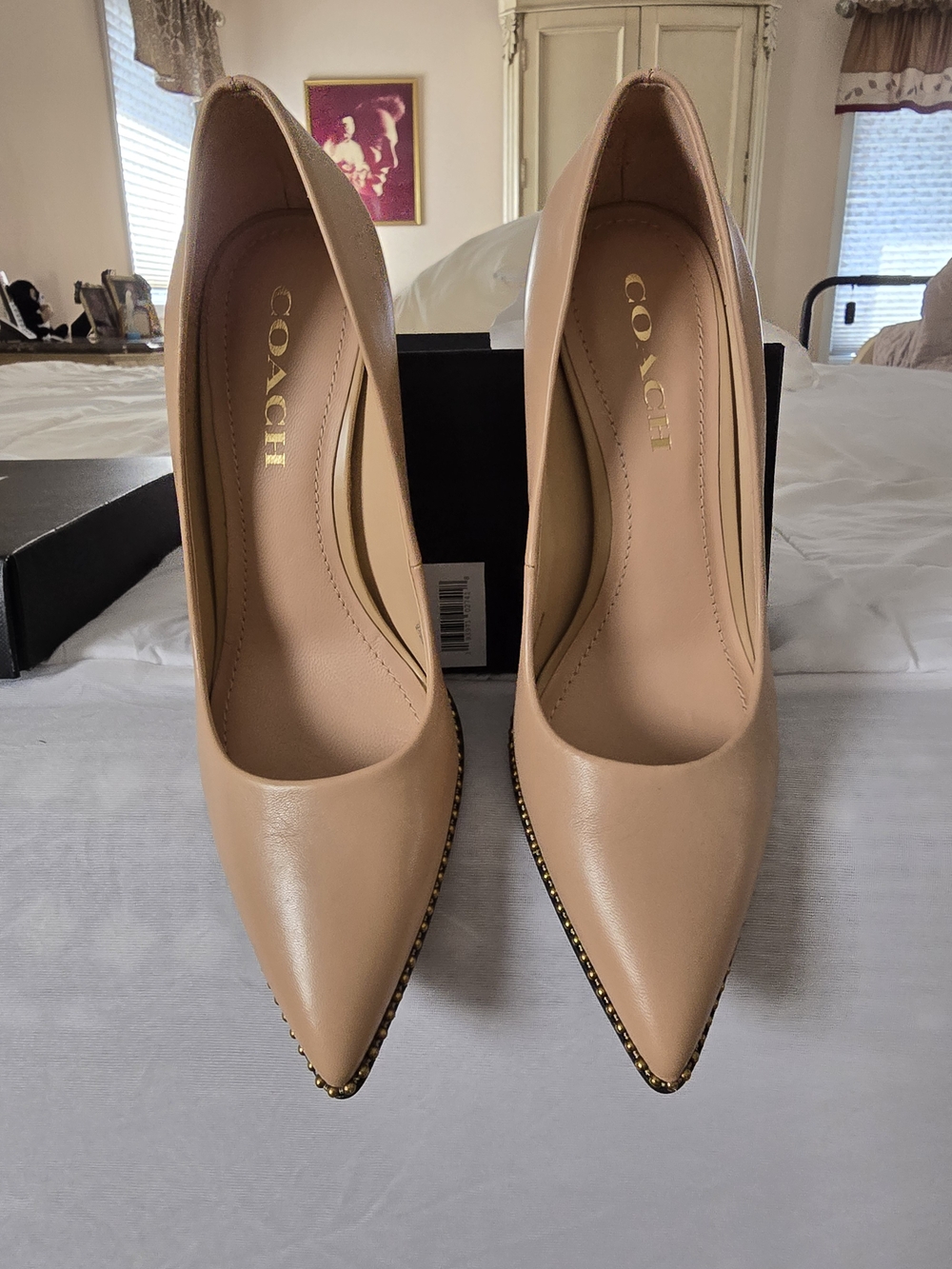 Coach Blush Nude Pointed-Toe Pumps with Gold Stud Edge